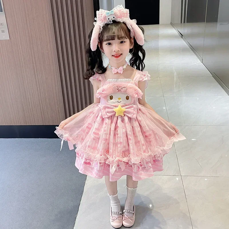 Miniso Kawaii Cinnamoroll My Melody Children Dress Cartoon Anime Lolita Princess Dresses Summer Party Sweet Girl Birthday Gift