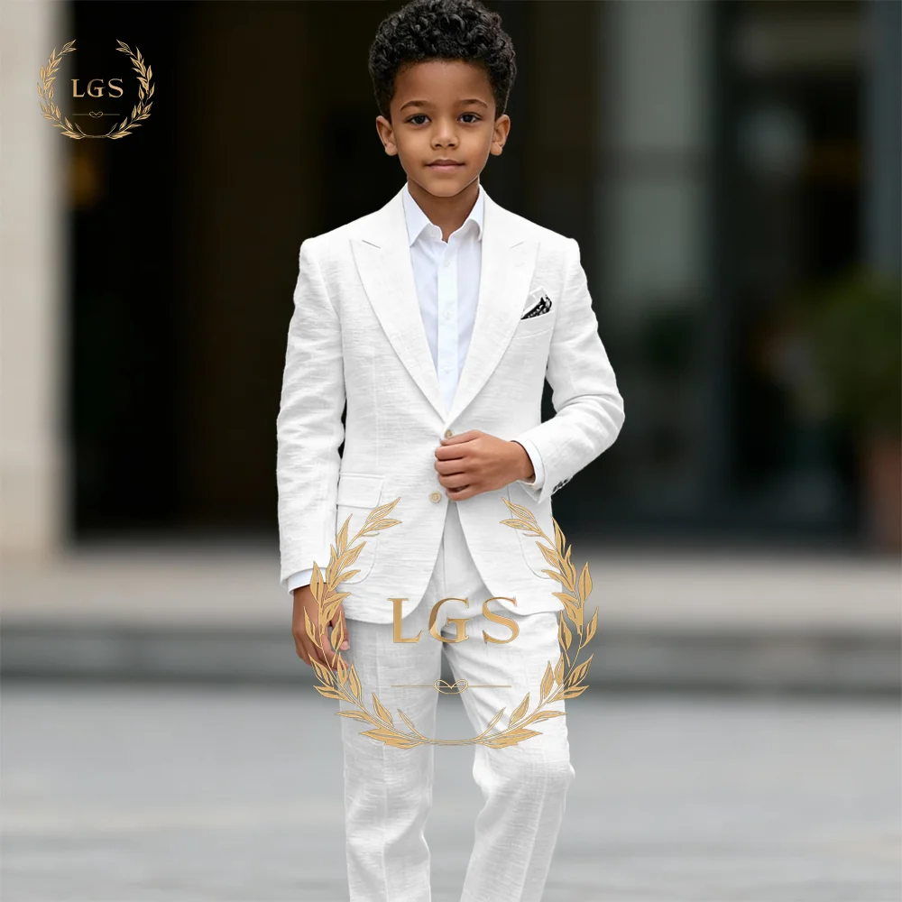 Boys' Stylish 2-Piece Linen Suit Set: Peak Lapel 2-Button Blazer & Pants for Wedding, Party, All Kinds of Formal Occasions