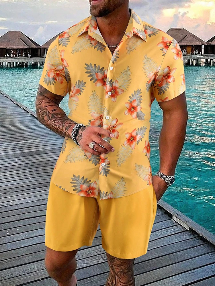 Men's Hawaiian Short Sleeve Shirt And Athletic Shorts Set Outdoor Beach Men's Casual Shirt Summer Comfort Men's Beach Shorts