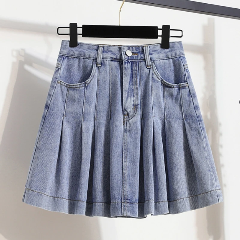 Qiukichonson 5XL Oversize Denim Skirts Women Pleated Skirt Summer High Waist Cute Soft Girl Frilly Loose Jeans Culotte Skirts