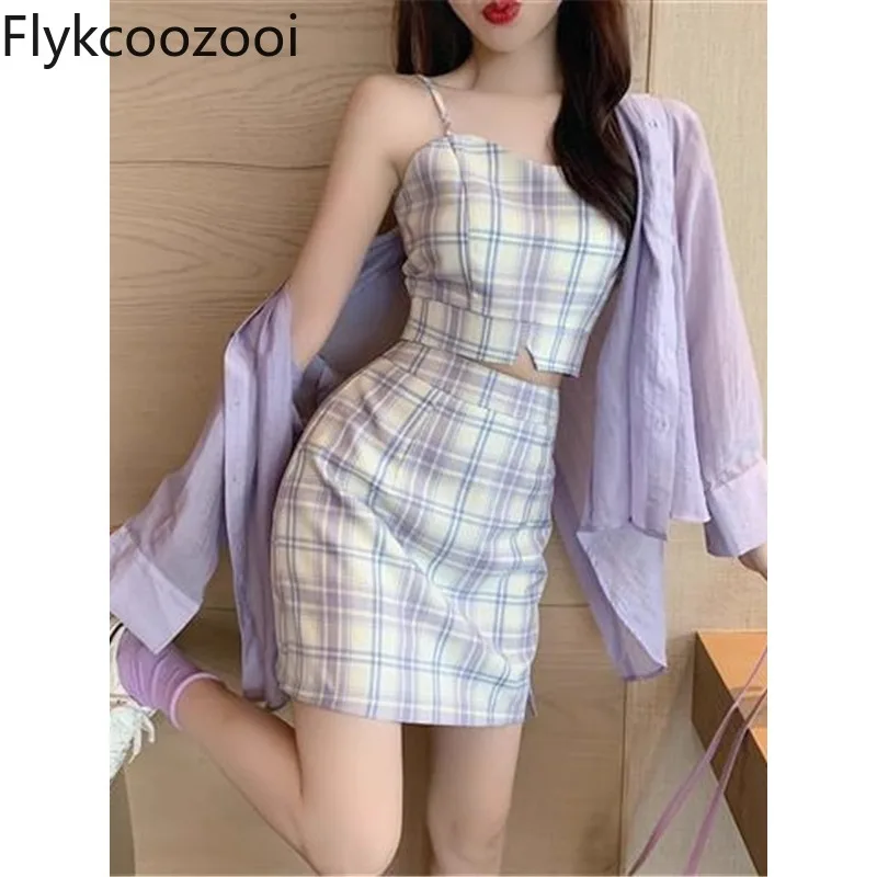 

Celebrity Exquisite Spicy Plaid Tight Camisole Crop Top Women Empire-wasited Wrap Mini Skirt Sun Proof Shirt Three Pieces Suit
