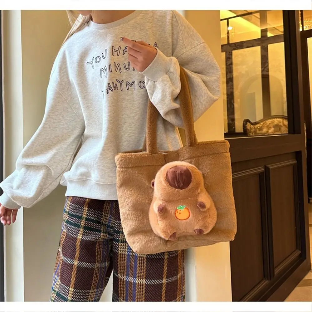 

Casual Cartoon Capybara Handbag Korean Style Magnetic Buckle Fluffy Shoulder Bag Soft Large Capacity Schoolbag Travel