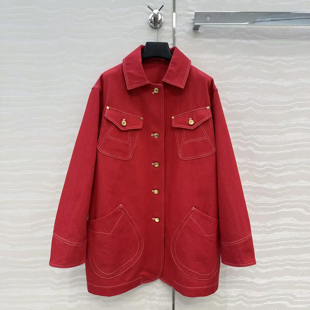 

2025 New Autumn Vintage Red Denim Loose Jacket Women Shirt Style Lapel Embroidery Pockets Gold Buttons Long Sleeve Casual Coat