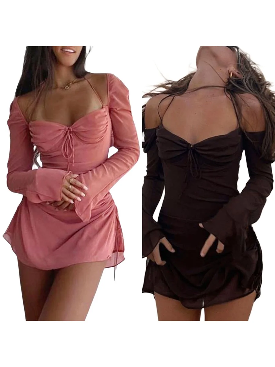 المرأة طويلة الأكمام الرباط مطوي الرسن الرقبة فستان قصير أنيق الصلبة الوردي البني فستان قصير