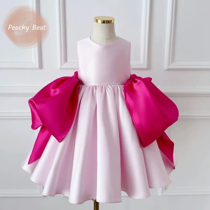 ファッション女の赤ちゃんプリンセスビッグリボンドレスノースリーブ幼児幼児ティーン子供-vestido-誕生日パーティー結婚式ベビー服-1-14y