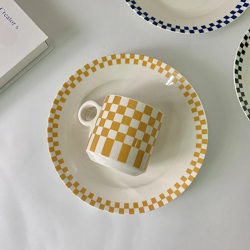 Korean Ins Checkerboard Dinner Plates Modern Simplicity Ceramic Breakfast Bread Plate English Alphabet Decorative Home Tableware