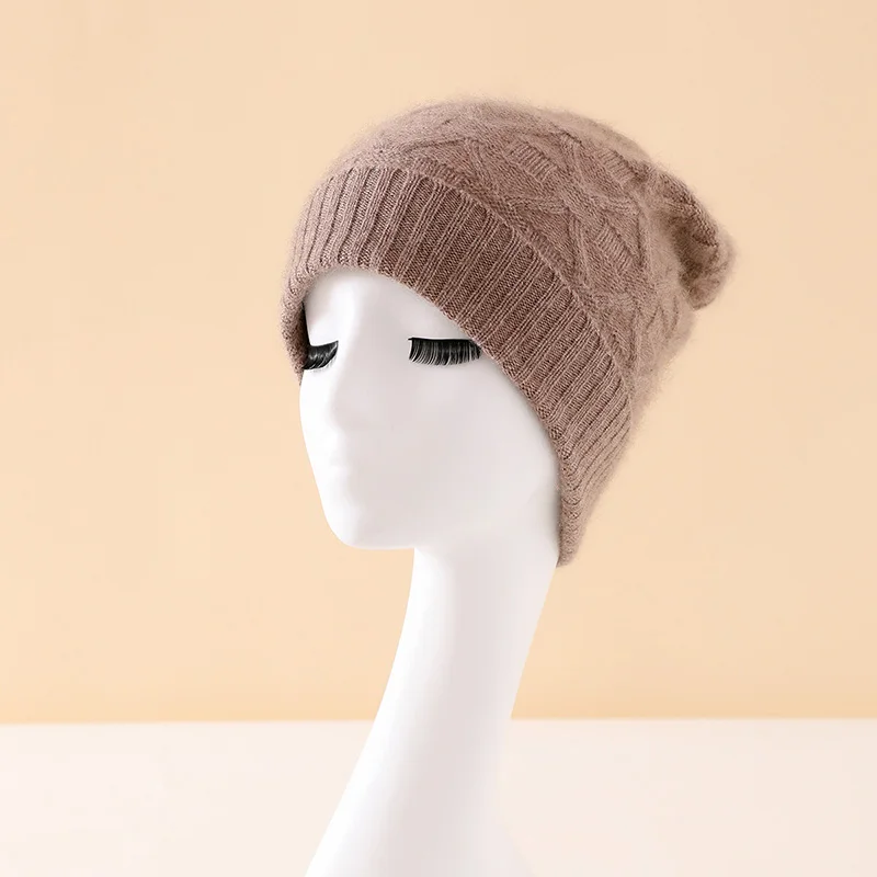 

European and American trendy women's cashmere pullover hat, autumn and winter knitted warm women's 100% cashmere hat, new style