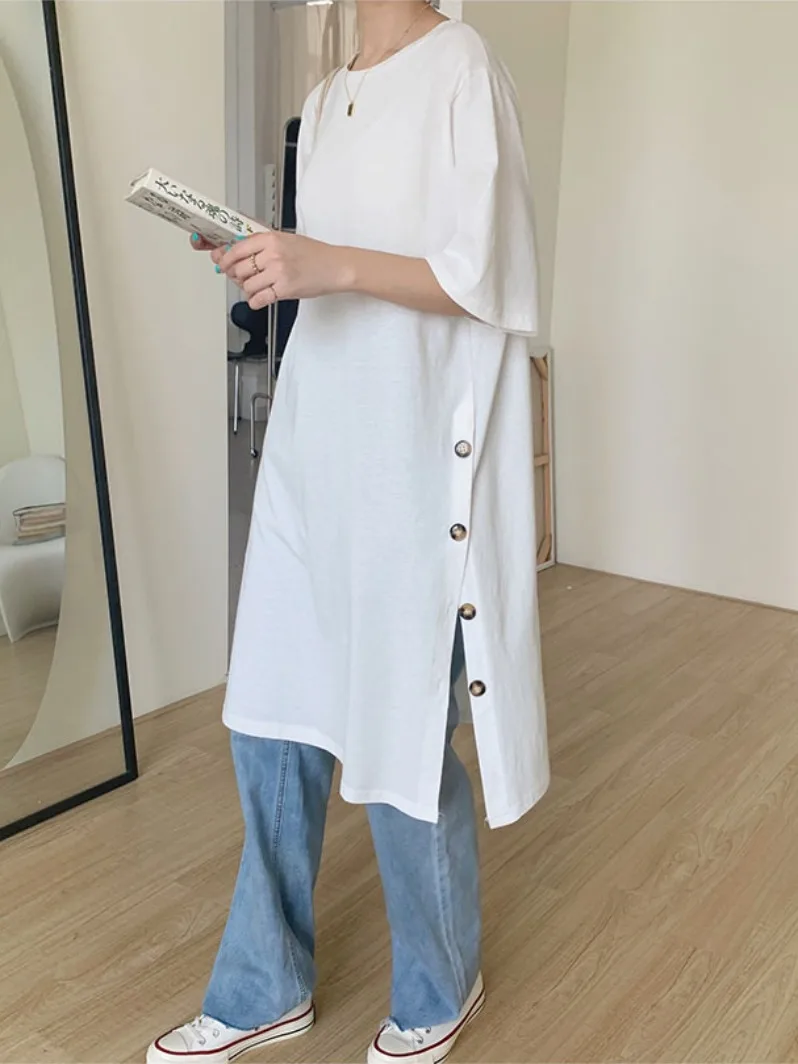 Japonais paresseux Sle bouton T-shirt femmes Faion Simple décontracté ample mi-long Dr Version coréenne couleur Pure mélange de coton