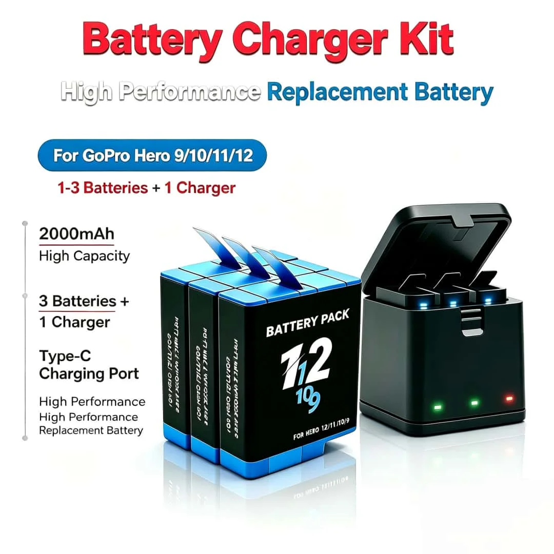 2000mAh Battery For GoPro Hero 9  10  11 12  +LCD 3-Slots Charger with Type-C Port  For GoPro Hero Sport Cameras Battary