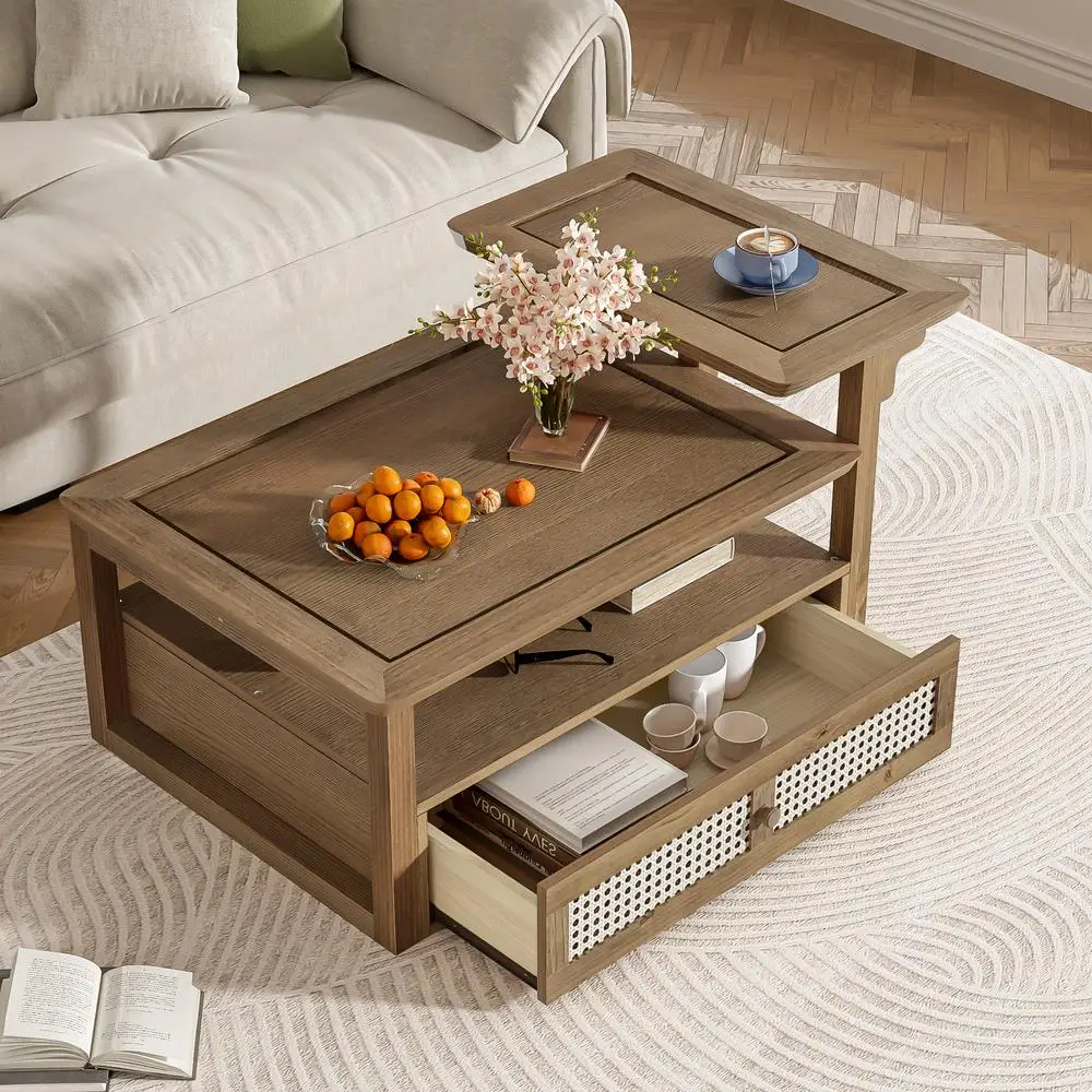 

U-Can Modern Coffee Table with Rattan Drawer Shelf 2 Tabletops Pine Wood Legs for Living Room