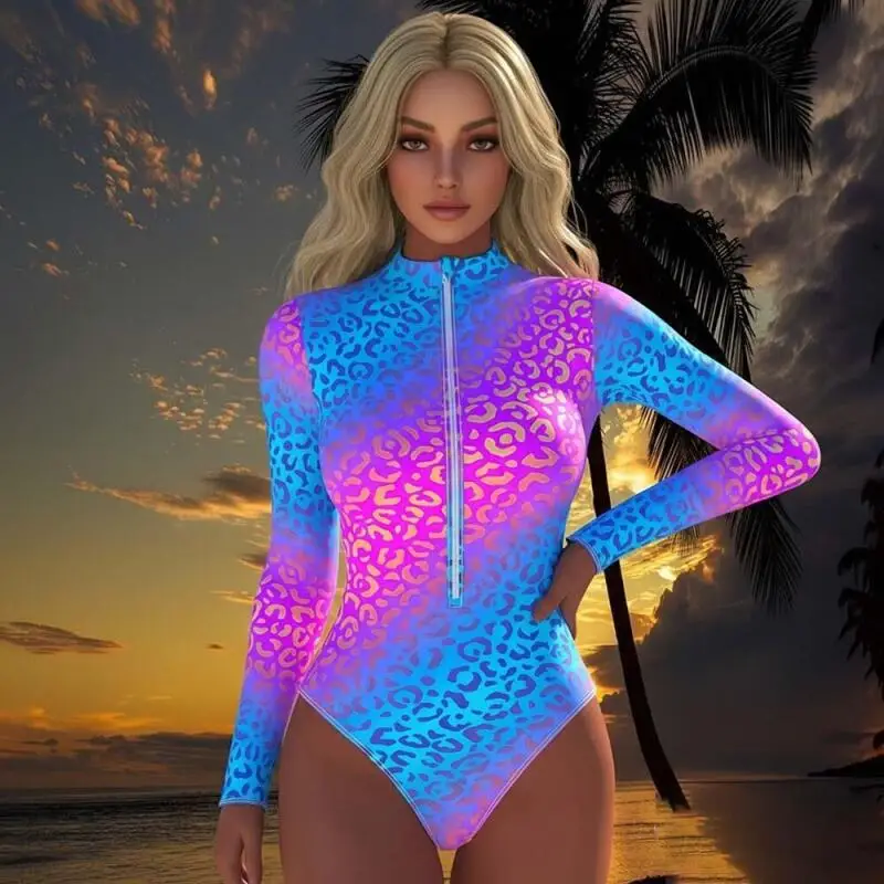 Summer Women Swimwear Gradient Leopard Print One Piece Swimsuit 2026 Long Sleeve Front Zipper Surfing Bathing Suit