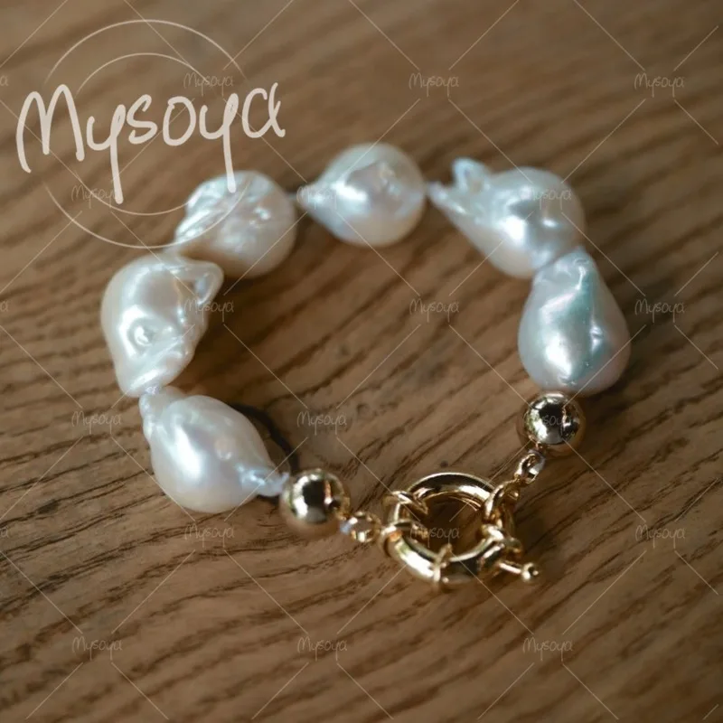 

MYSOYA 13-15mm Luxury Baroque Freshwater Pearl Bracelet with Gift Box,for Him/ Her, Suitable for Birthday/ Wedding Gift A0264