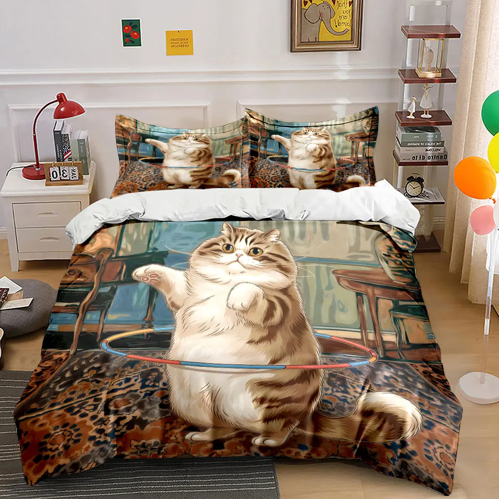 Cute cat playing with hula hoop Pattern Duvet Cover Set Digital Print Colorful Polyester Bedding with Zipper Closur for gifts
