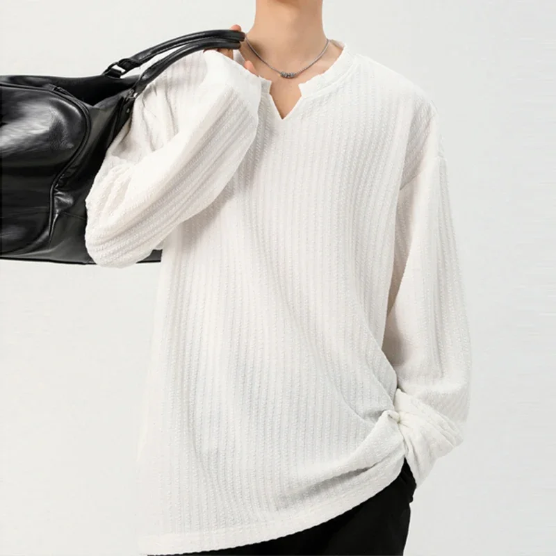 Autumn Male V Notch Neck Long Sleeve Top Vertical Striped Woven Fabric Relaxed Cut Urban Travel Daily Commute Garment - view 2