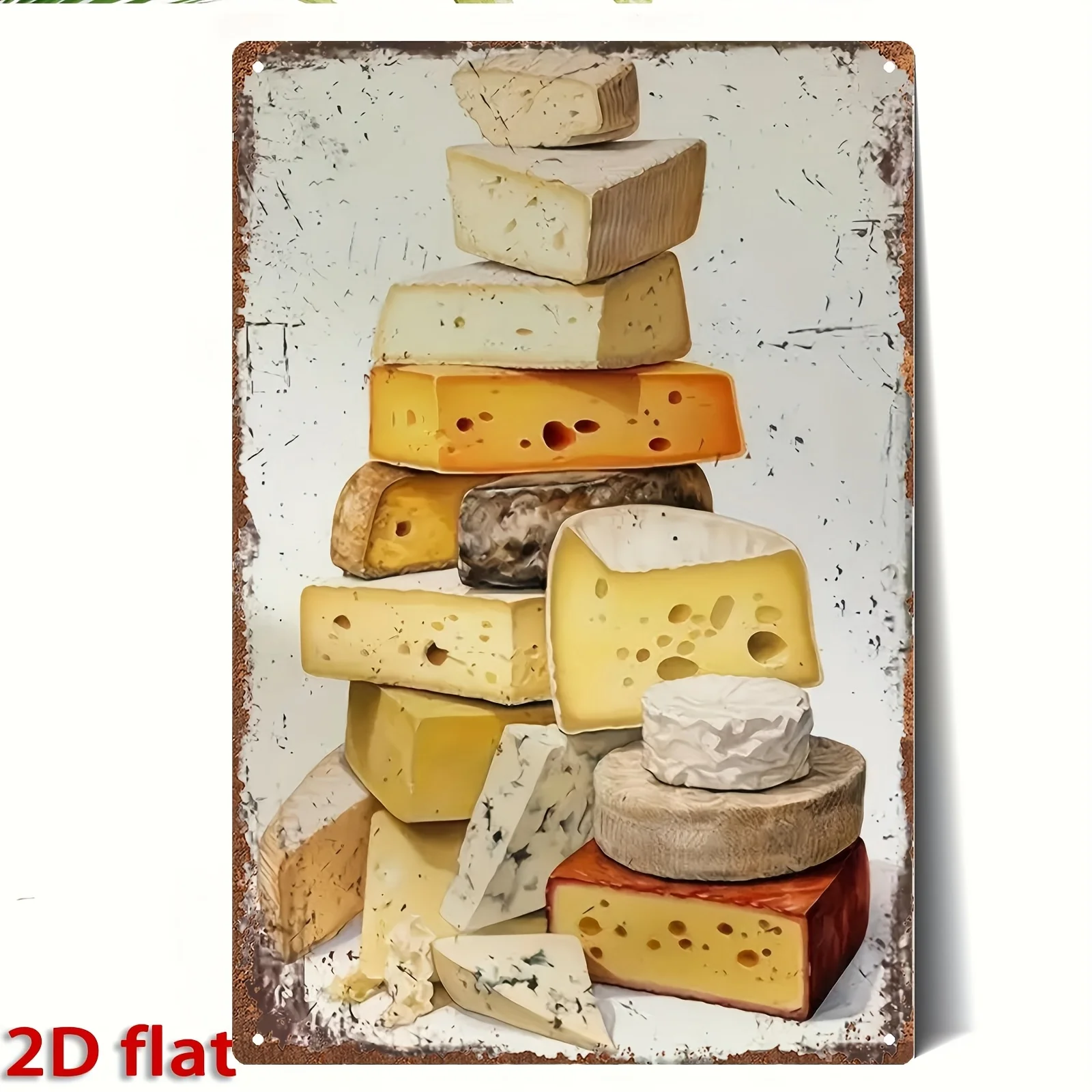 2D Flat - A 2D Vintage Iron Plaque Featuring a Depiction of Stacked Cheese Pieces, Measuring 20*30Cm/8*12Inch, Ideal for Decorat