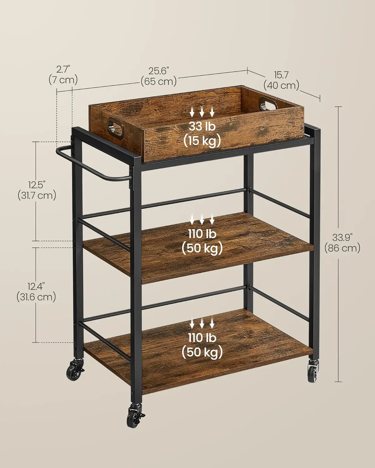 Wózek kuchenny 3-poziomowy z wyjmowaną tacą, kółkami i hamulcami, rustykalny brązowy regał do przechowywania do domu