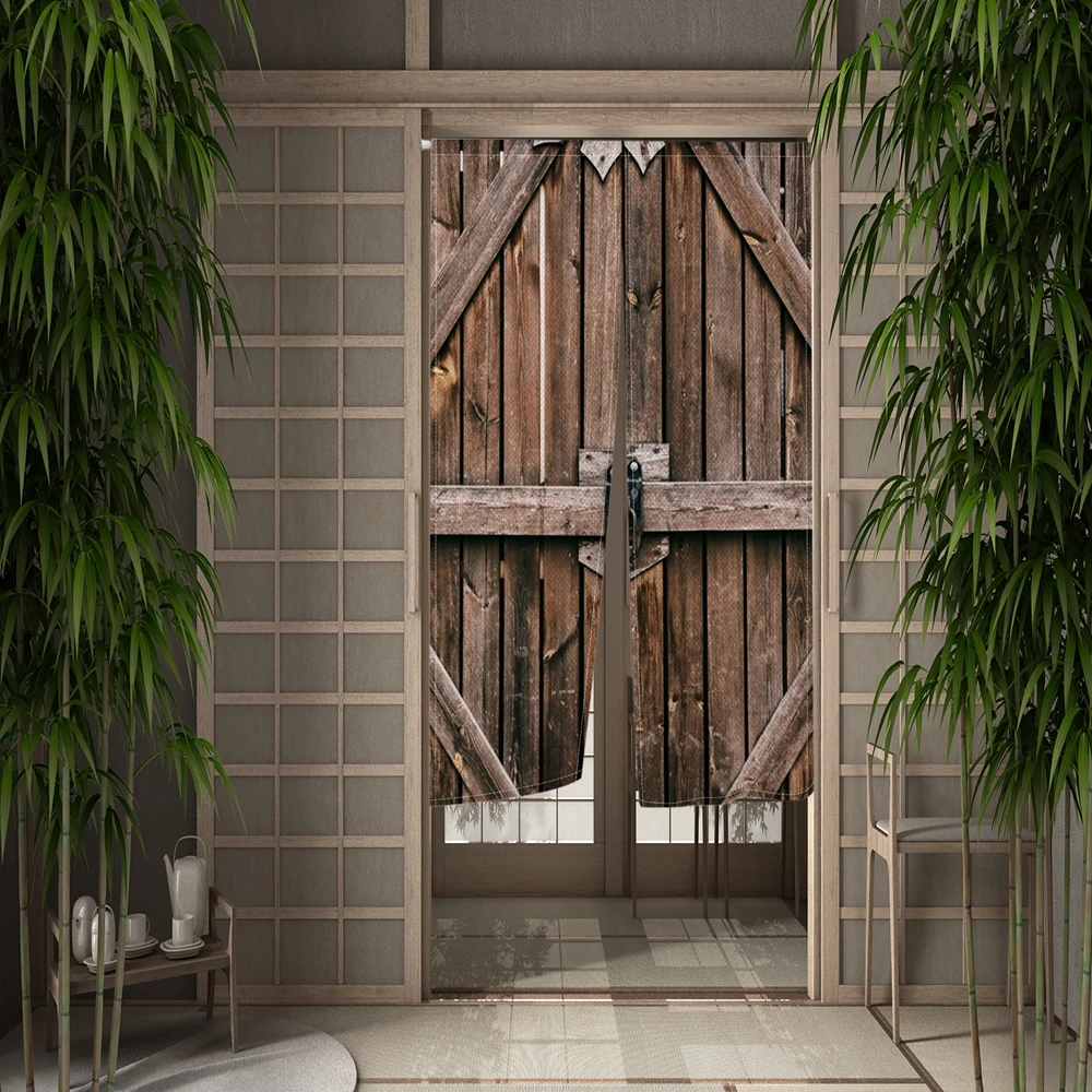Rustic Barn Door Curtain Wood Print Design Split Half Curtain for Living Room Bedroom Home Partition Decoration