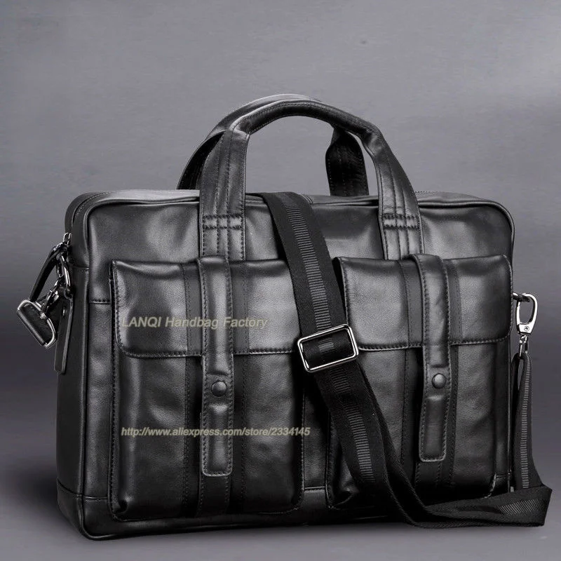 Maletines de cuero genuino de alta calidad para hombre, bolso de oficina, bolso de negocios para hombre, bolso de hombro para ordenador portátil de 15 ", color negro