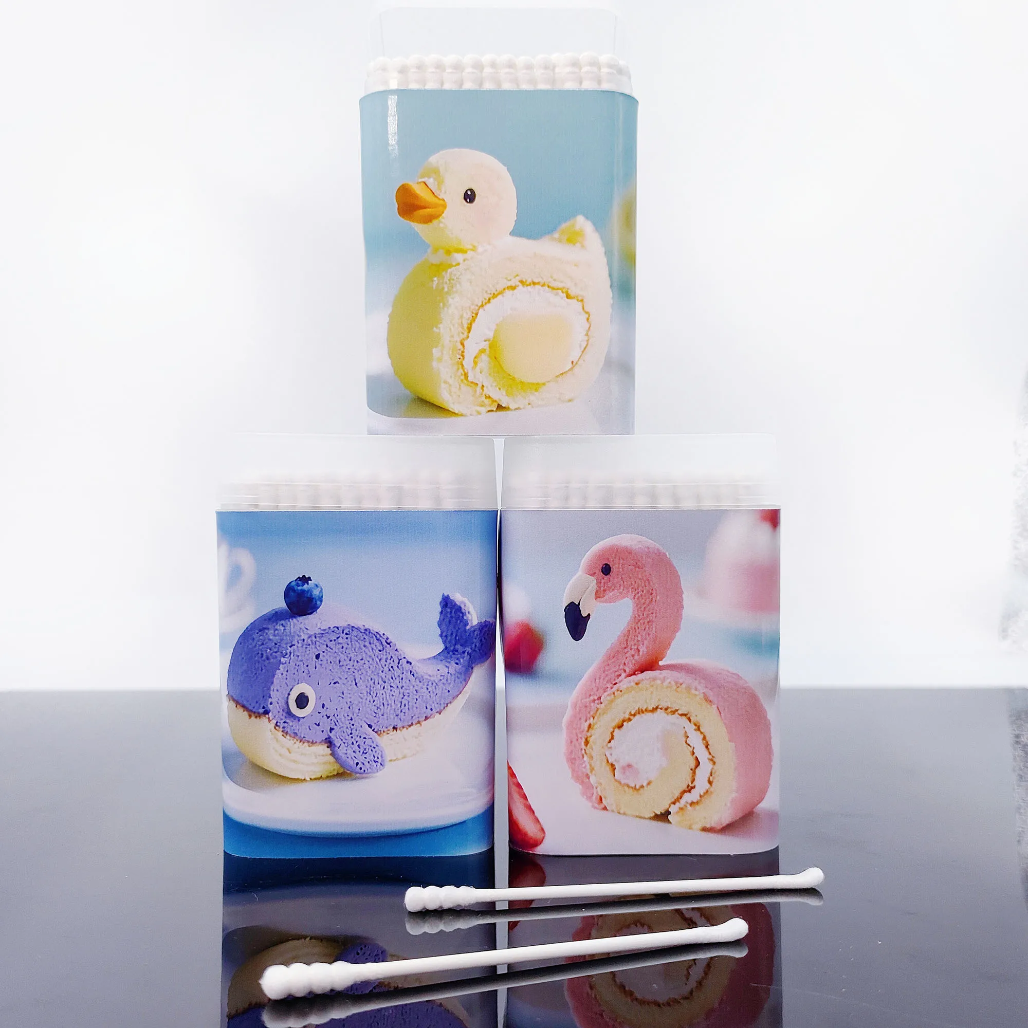 100개/300개 창의적인 동물 모양 디저트 테마 면봉 다기능 양면 스크류 스푼 면봉.