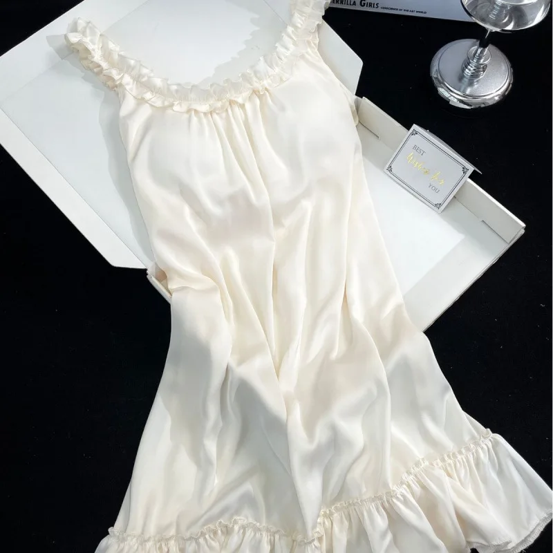 

Милая ночная сорочка в стиле принцессы, женская, с кружевной отделкой, длинный домашний халат, пижама из ледяного шелка, ночнушка