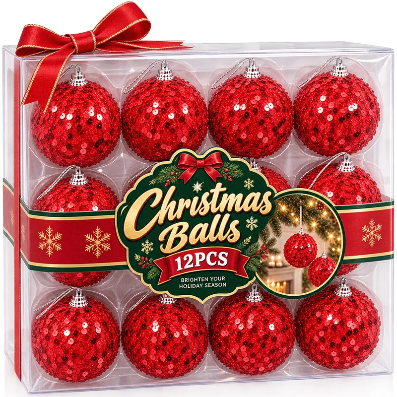 8cm Large Christmas Ball Ornaments Red Velvet Glitter Sequin Balls DIY Xmas Tree Hanging Pendants Glitter Ball for Holiday Party