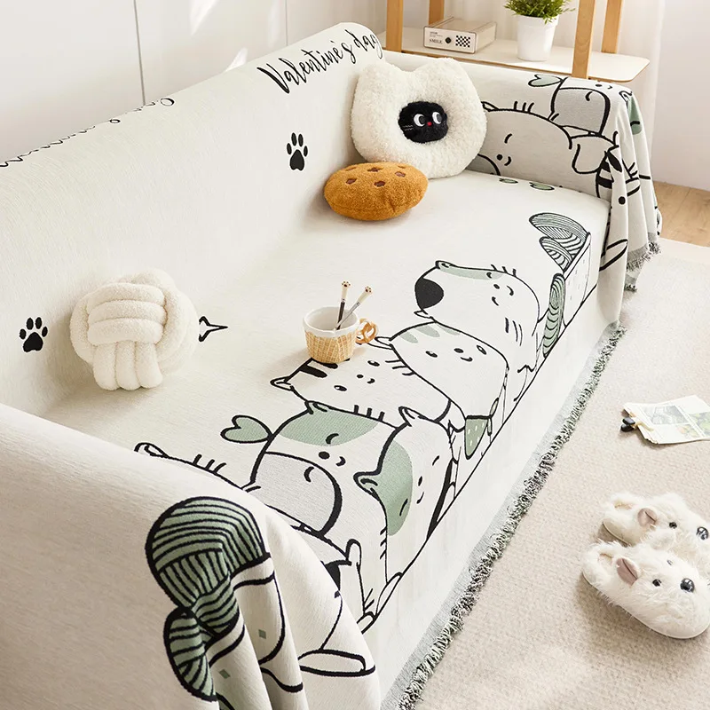 Cartoon Cat Chenille Sofa Cover, Full Coverage One-Piece, Anti-Slip & Cat Scratch Protector, Sofa Slipcover