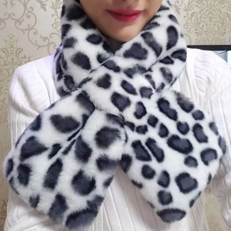 Fashion Leopard Print Faux Rabbit Fur Thicken Plush Scarf Women's Winter  Zebra Pattern False Collar Cross Neck Guard Warm Shawl