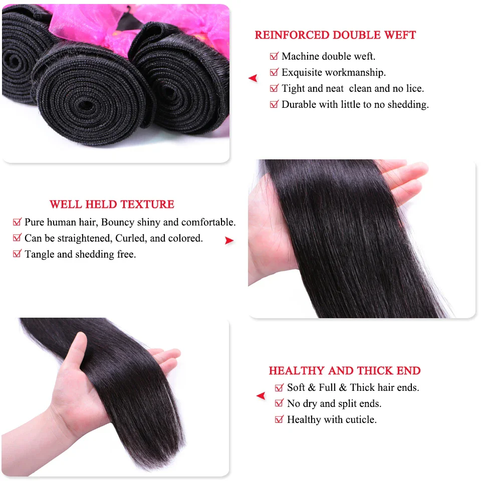 Queen Hair Straight Bundles With HD 2x6 Closure Brazilian Raw Virgin Human Hair Weave Bundles With HD Lace Closure