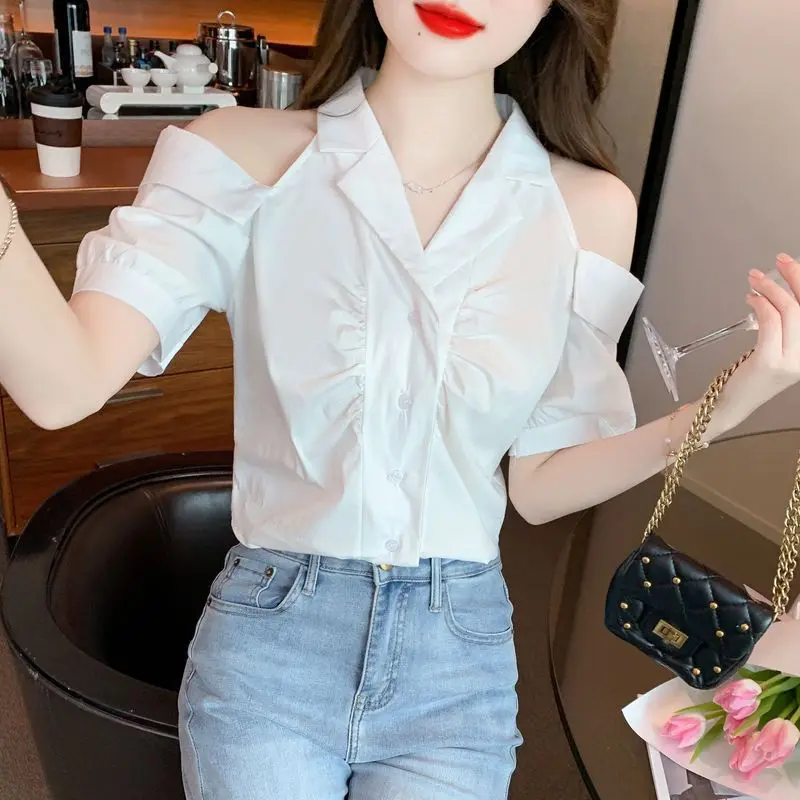 Summer New Temperament Elegant Turn-down Collar Off Shoulder Tops Korean Versatile Fashion Short Sleeve Shirts Women Clothing