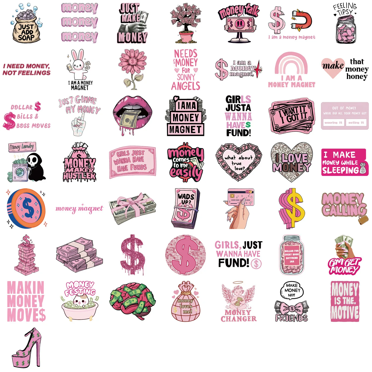 50/100PCS Cartoon Pink Money Theme Doodle Stickers, Waterproof Decals for Guitar Notebook Suitcase Stationery DIY Rewards Decals