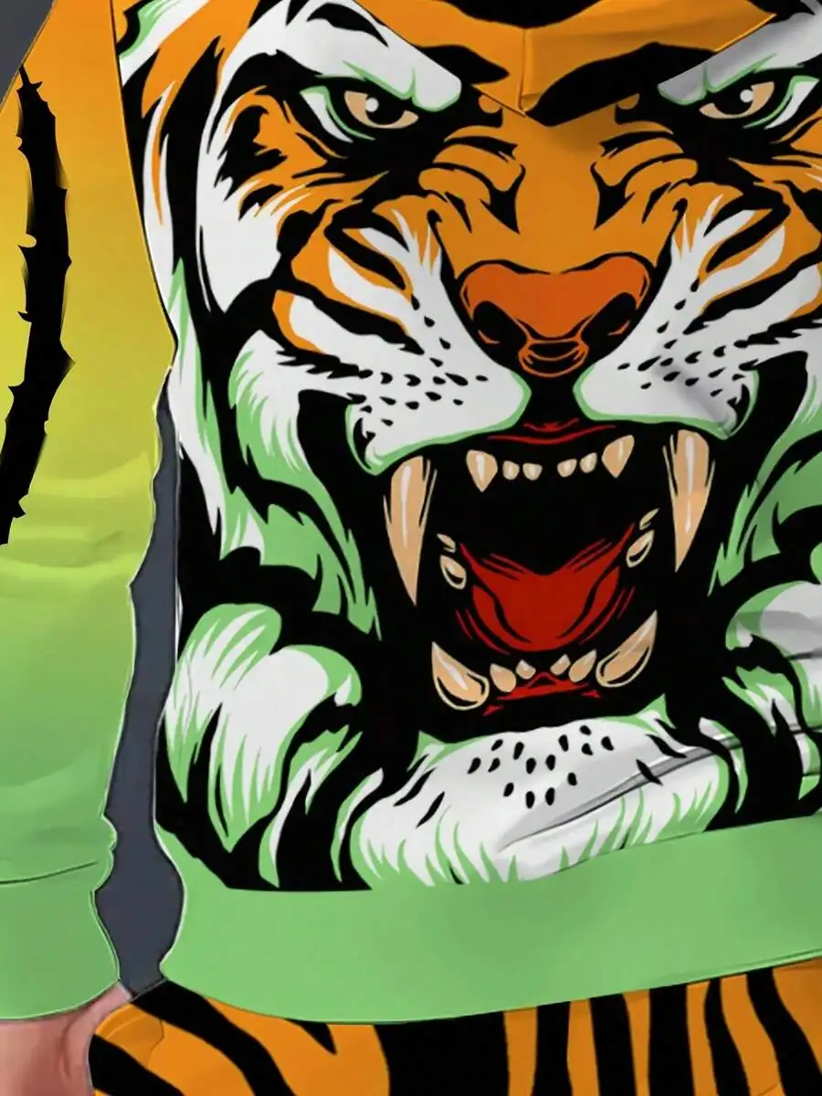 

Vibrant Gradient Tiger Graphic Hoodie And Matching Striped Pants Set For Cold Season Warmth Plus Size