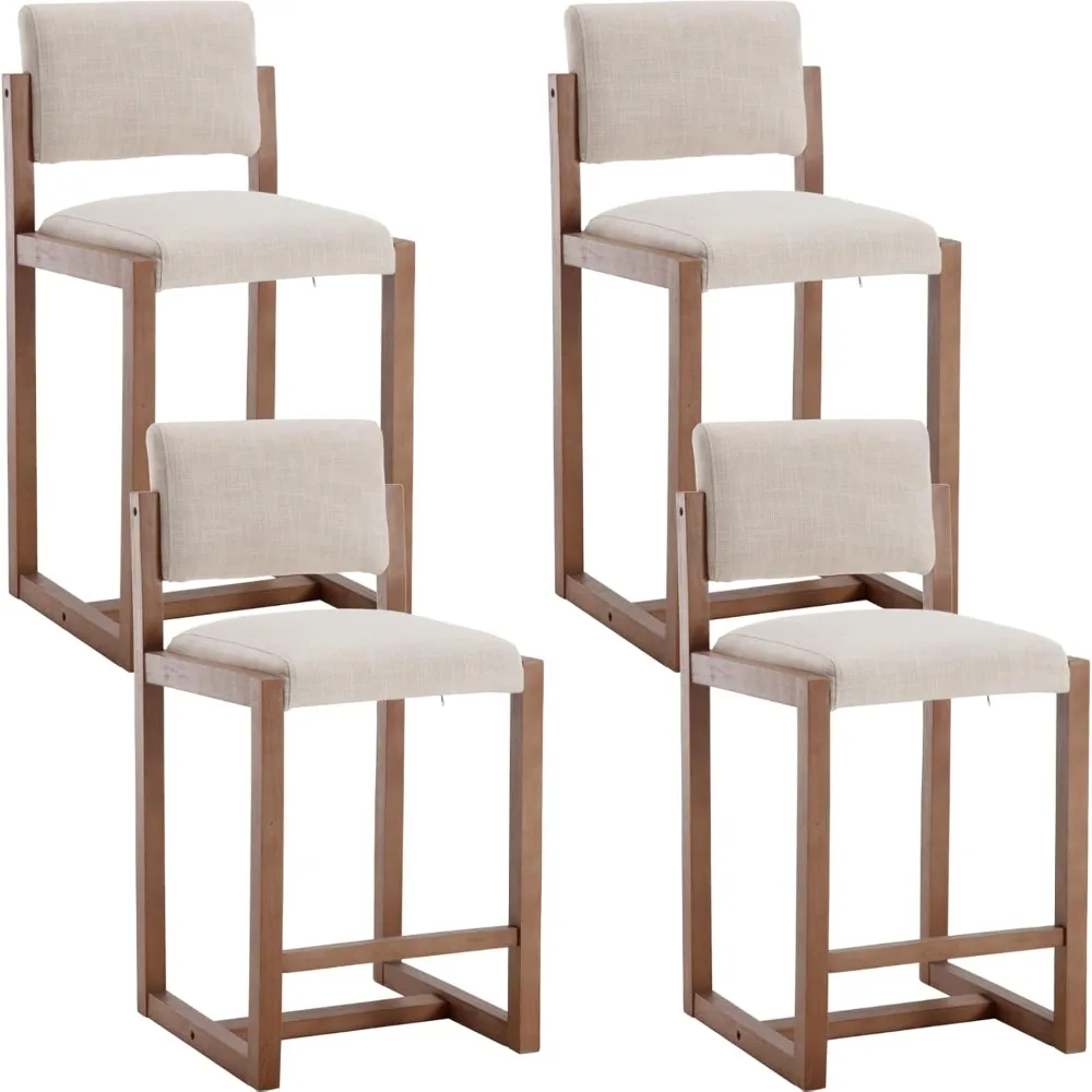 

Mid-Century Bar Stools Set of 4, 26 Inch Counter Height Barstools Linen Fabric Bar Chairs with Backrest Wooden Frame