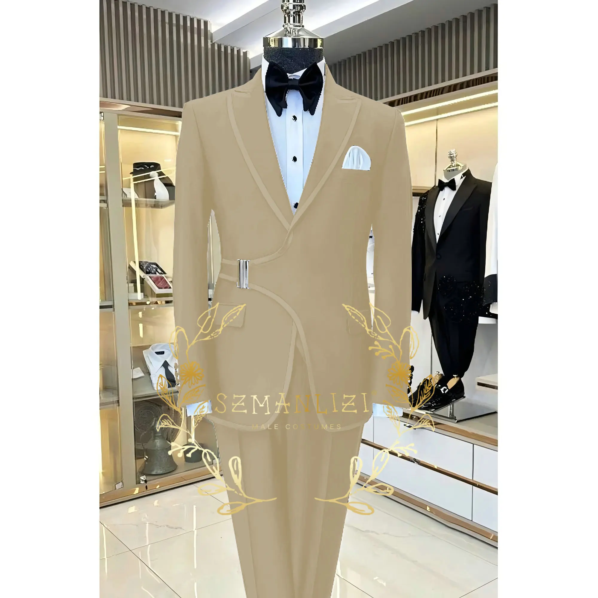

Beige Wedding Tuxedo For Men Formal Suits Double Breasted Jacket Pants Peak Lapel Blazer 2 Piece Custom Prom Costume 2025