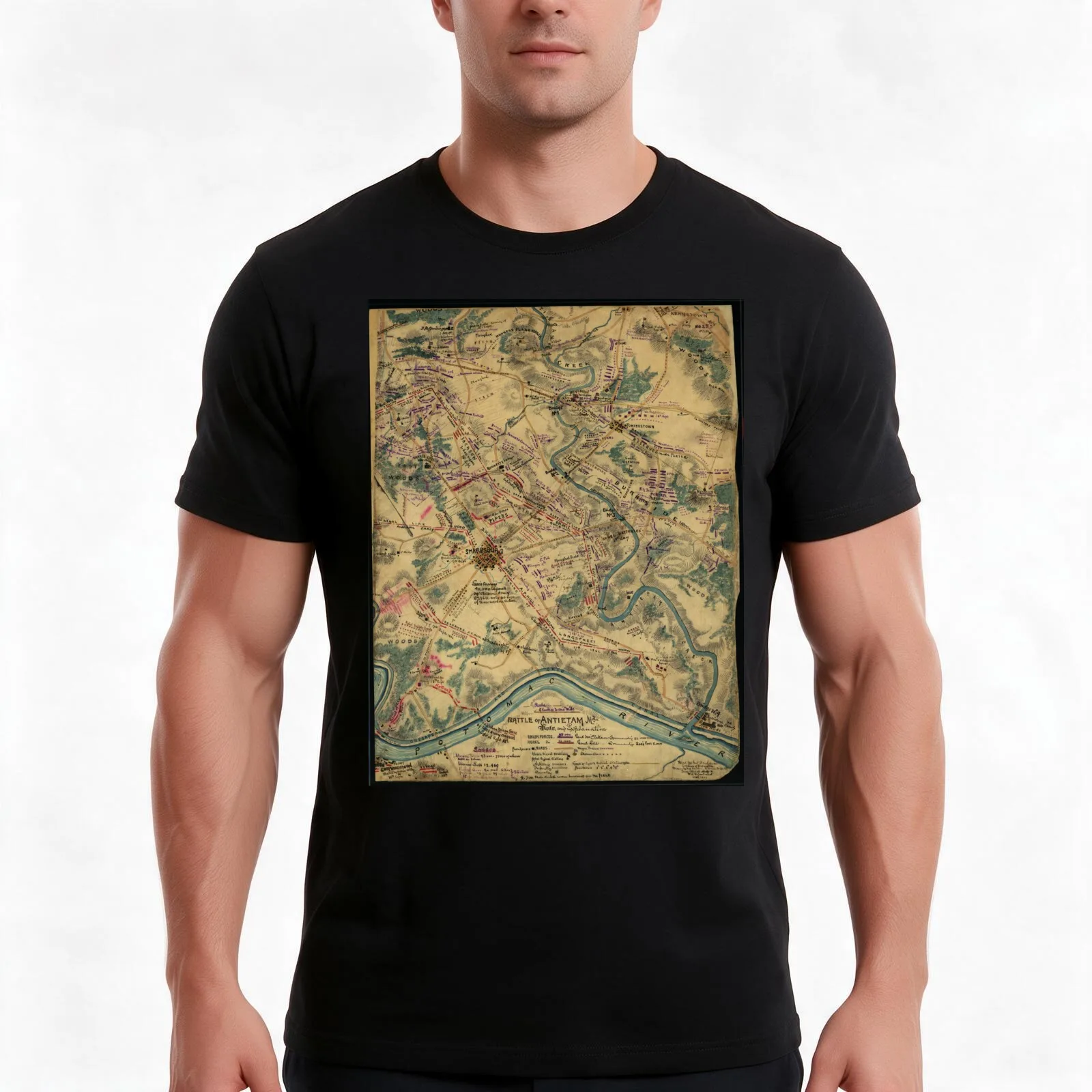 Vintage Antietam Battlefield Map (1862) T-Shirt, Summer Casual Cotton Tee, Oversized Streetwear Tops, Vintage Graphic Print