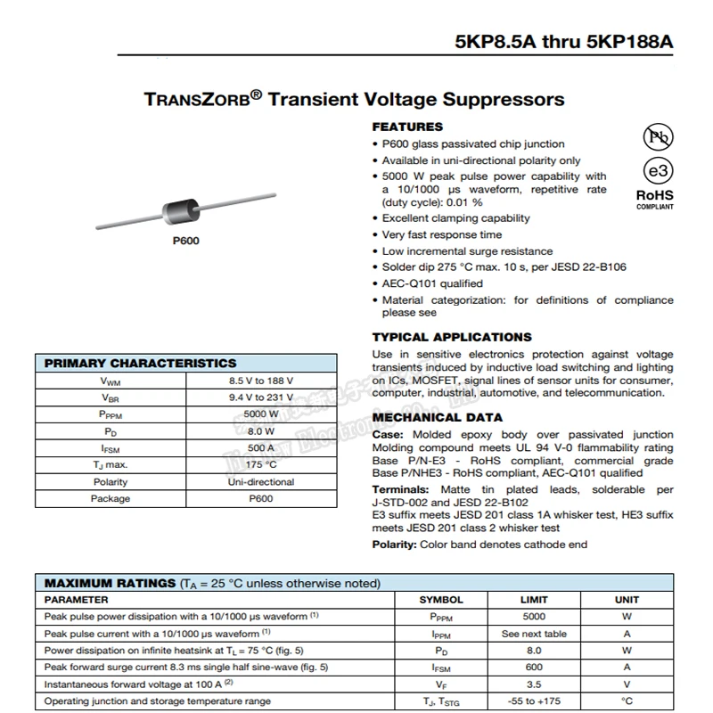 10 шт./лот 5KP8.5CA 5KP9.0CA 5KP10CA 5KP11CA 5KP12CA 5KP13CA 5KP14CA 5KP15CA 5KP16CA 5KP17CA 5KP18CA 5KP20CA P-600 TVS диод