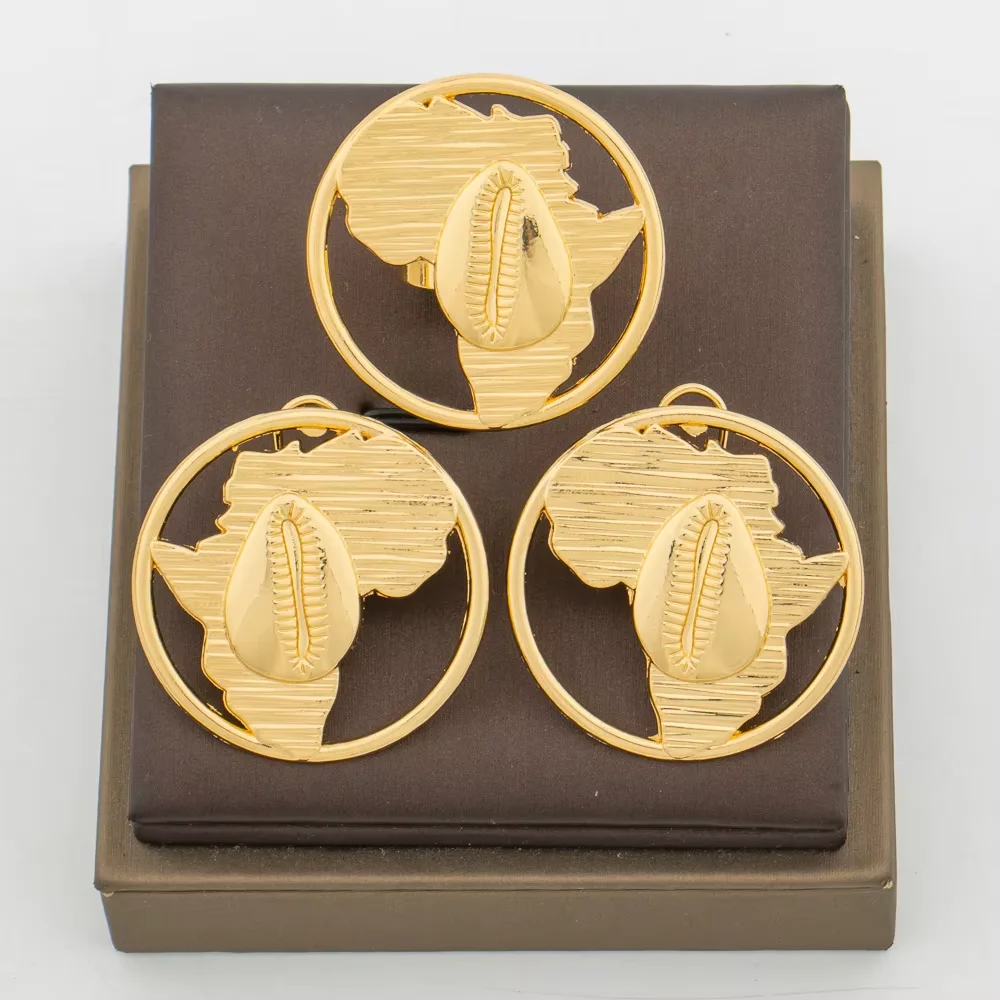 18K Gold Plated Africa Map Cowrie Shell Earrings Ring Set Women Vintage Ethnic Wedding Party Accessories Gift