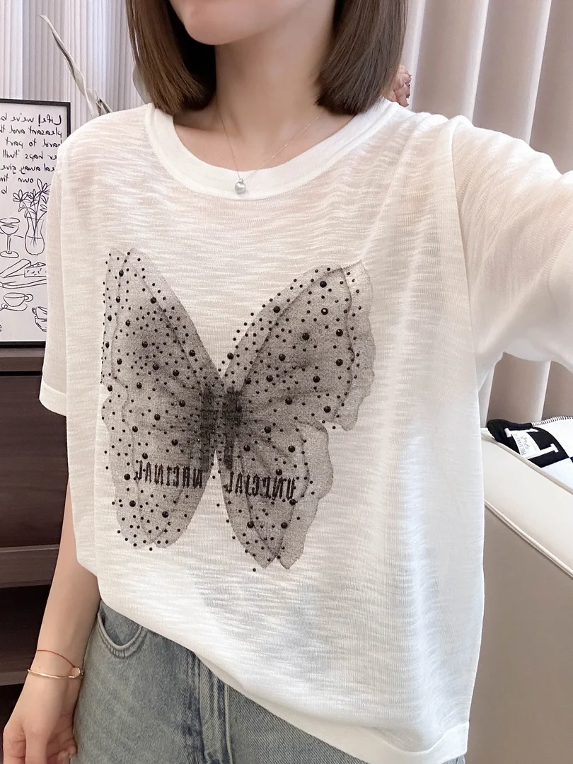 تي شيرت نسائي صيفي جديد Sle مطبوع عليه حجر الراين مستدير Ne ort Sve محبوك فضفاض مناسب للبطن غطاء أنيق...