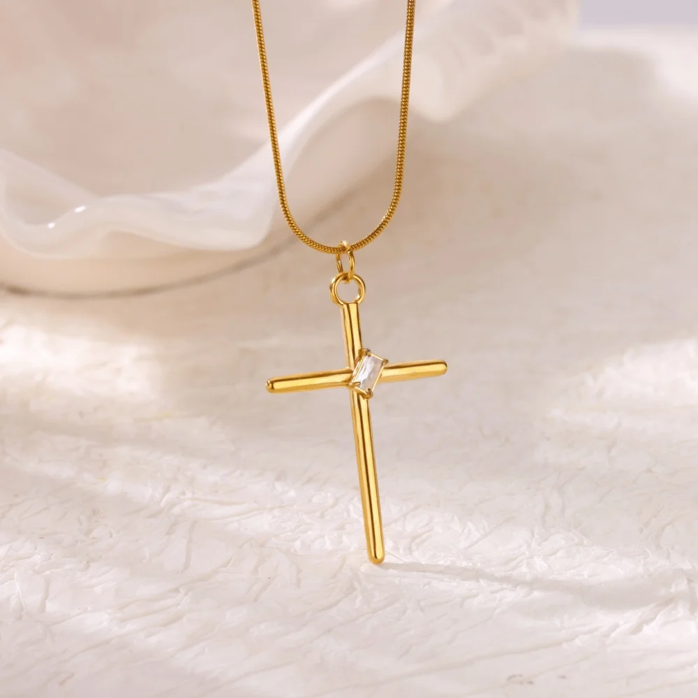 Women's Cross Pendant Necklace Gold Color Square Zircon Stainless Steel Vintage Jewelry Trendy Accessory for 2025 Freeshipping