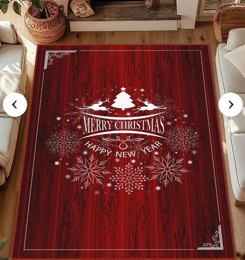 Red Christmas Holiday Carpet Golden Glitter Reindeer Star Merry Christmas Letter Print Large Floor Rug for Living Room Bedroom