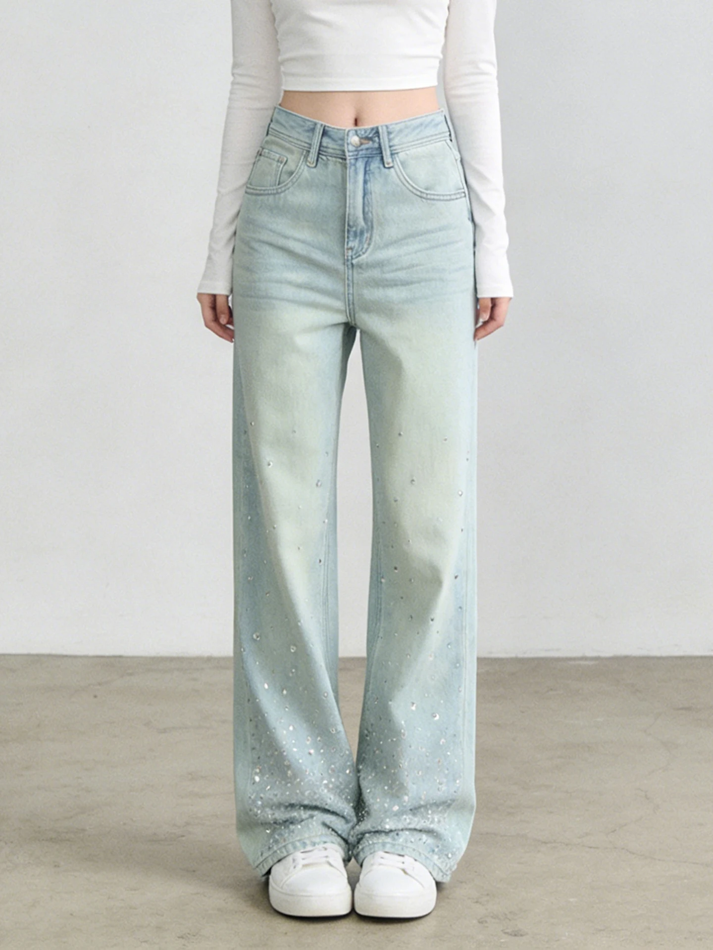 

Женские джинсы Ele с высокой талией, широкими штанинами, свободного кроя, в пол, с эффектом похудения, с бриллиантовой отделкой, в стиле ретро, весна 2026