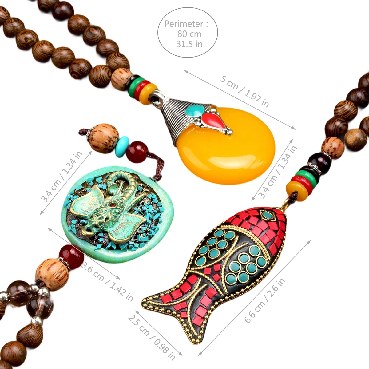 Yumfeel Handmade เนปาลสร้อยคอพุทธ Mala ลูกปัดไม้จี้และสร้อยคอฮอร์นปลายาวสร้อยคอประดับผู้หญิงผู้ชาย