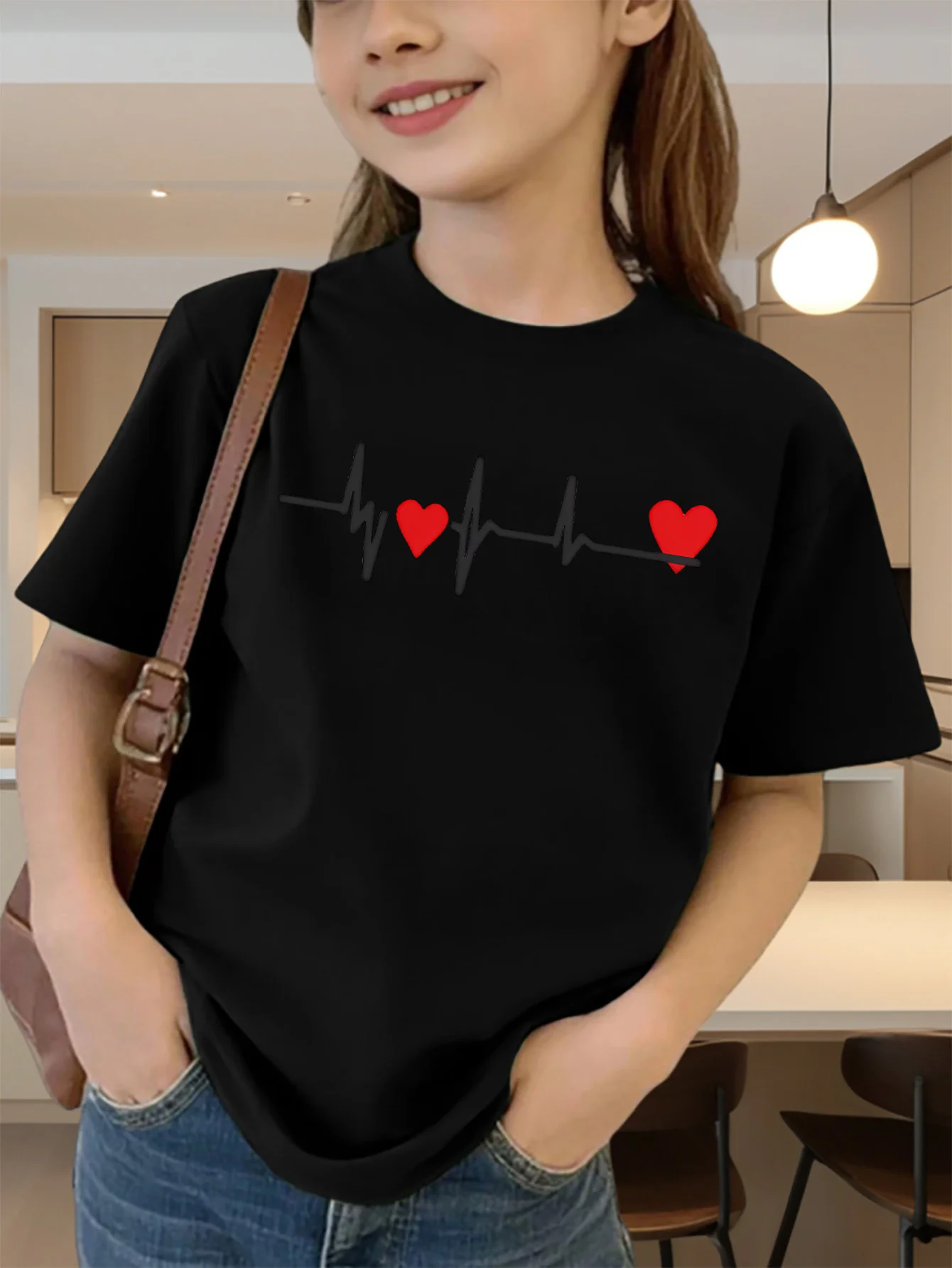 Cute Heart Electrocardiogram Print Graphic Kids Tee Boys Girls Family Matching Cotton Crew Neck Short Sleeve Soft Summer Tee