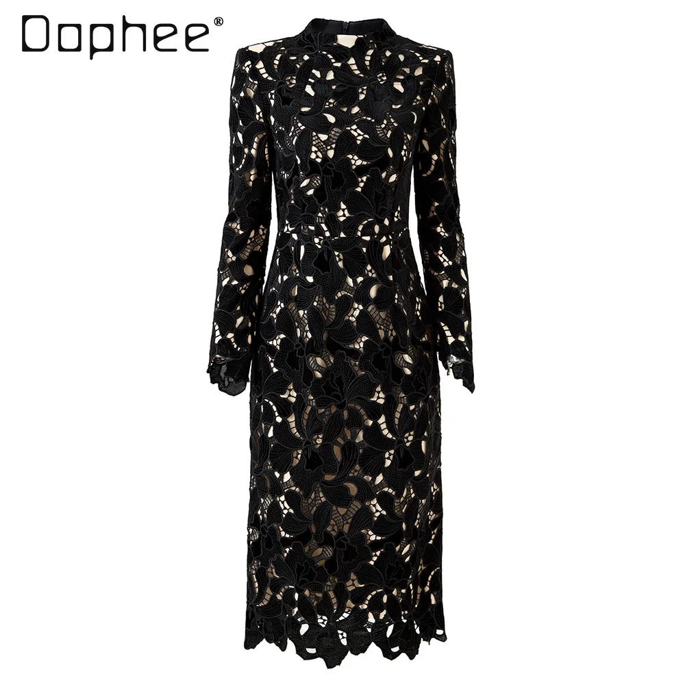 

French Temperament Celebrity Lace Hollow Embroidered Dress Asymmetrical Jacquard Long Sleeve Slim Sexy Mid-length Dress Women