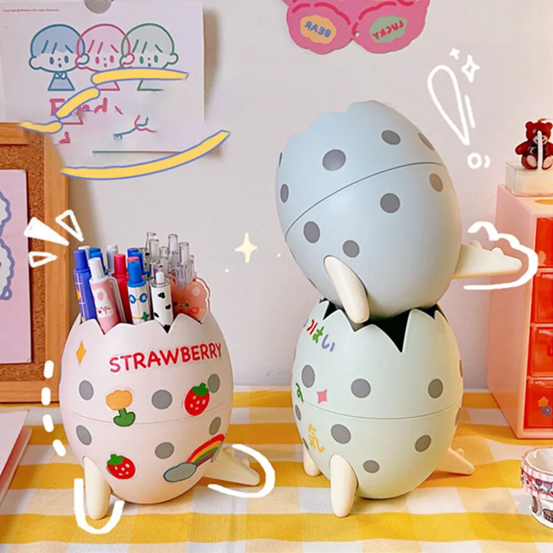 Kawaii Dinosaur Egg Desktop Trash Can Organizer Multifunction Creative Cosmetic Bucket with Lid Pen Holder Stickers Patchers