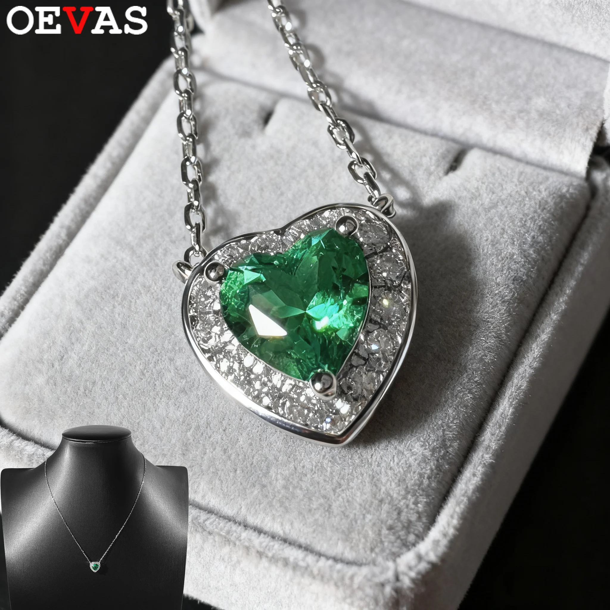 

OEVAS 1CT 6.5mm Heart Cut Lab Grown Colombian Emerald Necklace for Women 100% S925 Sterling Silver Inlay moissanite Fine Jewelry