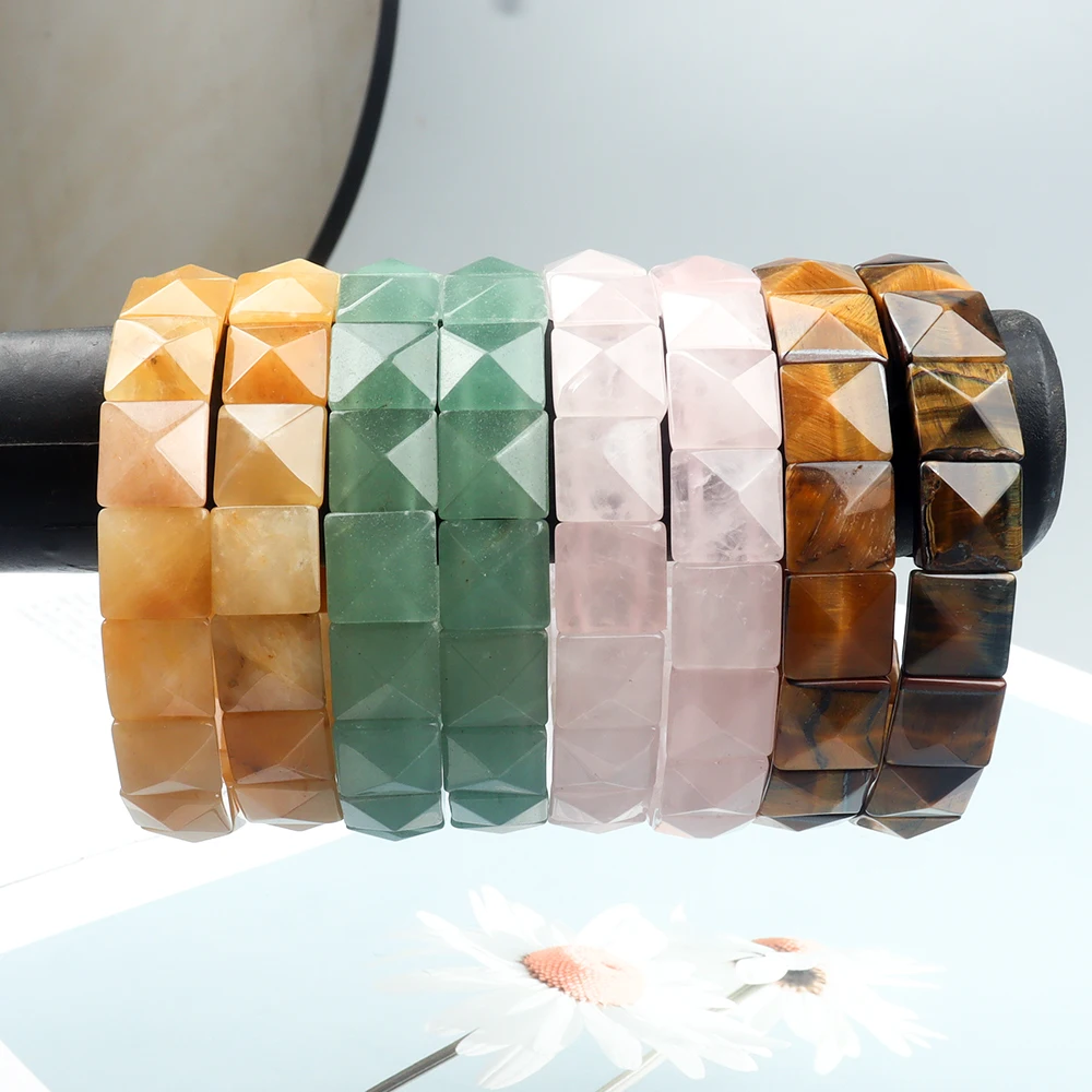Original Reiki Tiger Eye Pyramid Beads Bracelet Men Women Natural Rose Quartz Yellow Jade Stone Beads Bracelet Jewelry