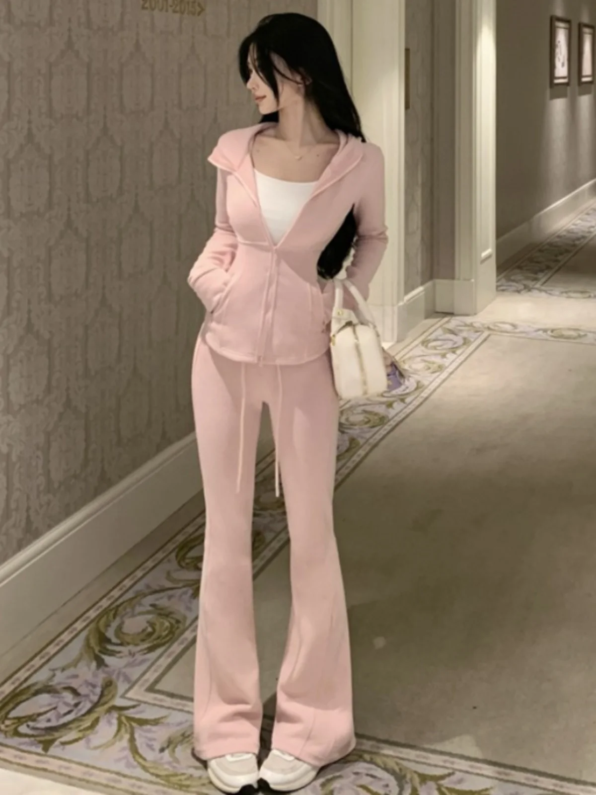 Ele Lady Sle ジッパー パーカー Jaet とフレア パンツ カジュアル スポーツ 2 点セット by Gege Home Faion 若い女性用