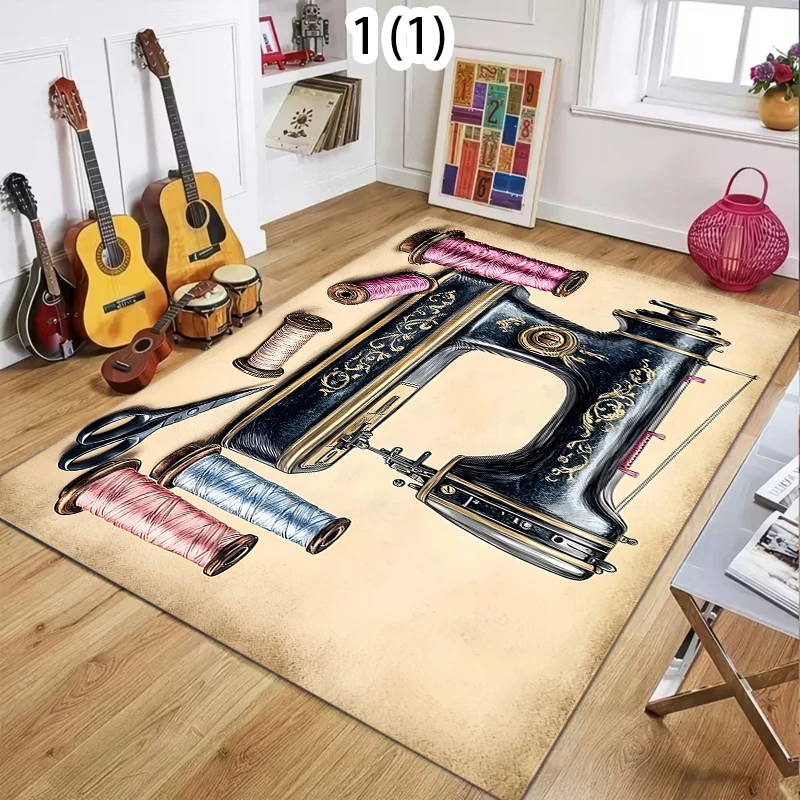 Vintage Sewing Machine Design Area Rug Non-Slip Flannel Carpet for Home Office Living Room Bedroom Decor Floor Mat  Area Rug
