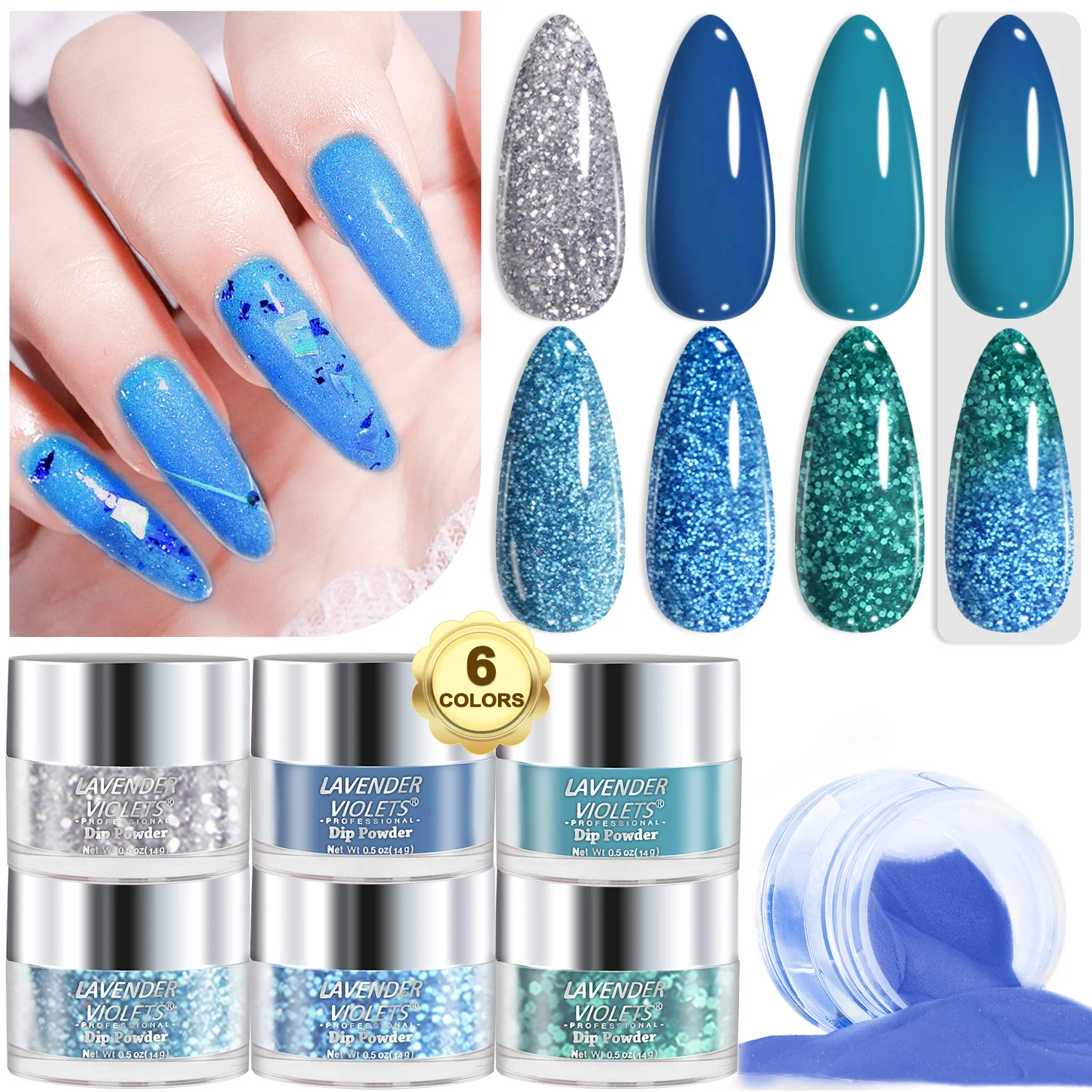 

6 x 0.5oz Large Capacity Blue Colors Air Dry Dipping Powder Set for Summer Nails Home Salon Manicure Women Girls Gift