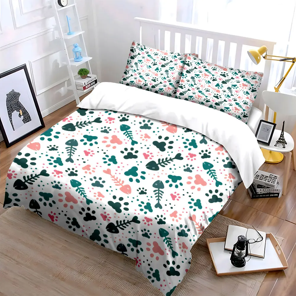 Fishbone and paw decorative Pattern Duvet Cover Set Digital Print Colorful Polyester Bedding with Zipper Closur for kids gifts